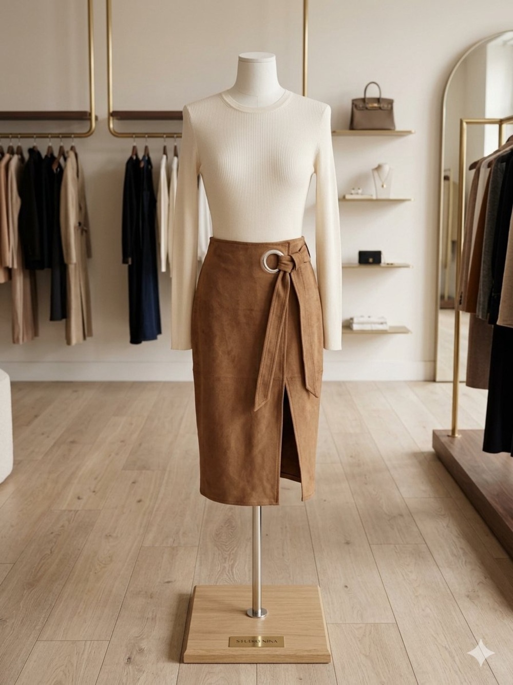 Express Brown Faux Suede Pencil Skirt with Grommet Accent